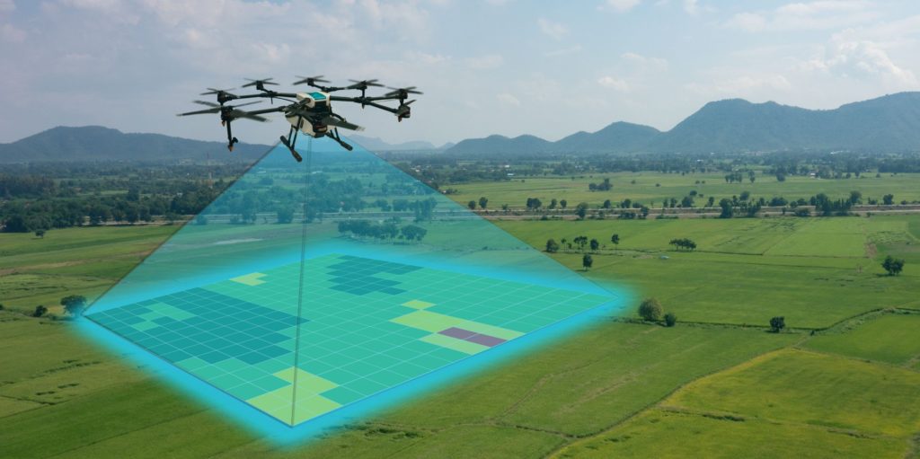 drone use for agriculture, agritech drone for fields analysis, terrain scanning, and crop research