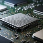 Detailed close-up of a green circuit board with embedded silver chips