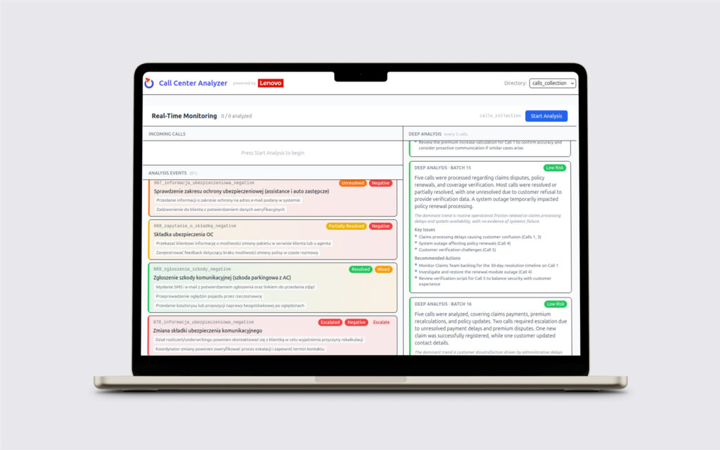 On-premise AI that analyses every call – without exposing a single personal record
Call centre analyser - mockup 1