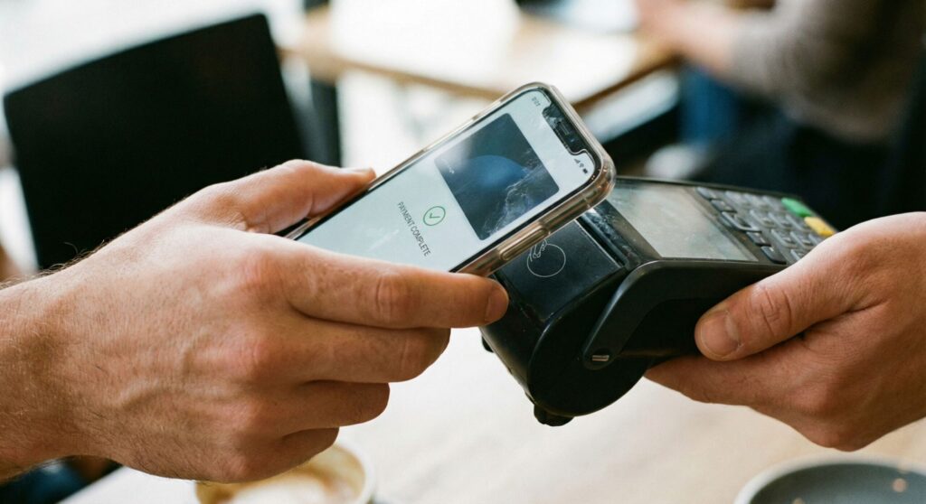 Fintech and payments. Smartphone completing a contactless payment through fintech app.