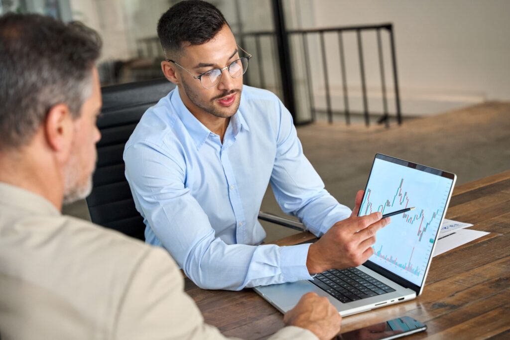 Banking. Financial advisor explaining invest stock market data consulting investor.