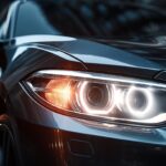 Modern car headlight glowing at night with dramatic reflections, dark urban background and cinematic automotive atmosphere