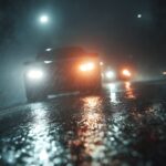 Bright car headlights on wet road at night with dynamic lighting effect, realistic street scene and cinematic urban atmosphere