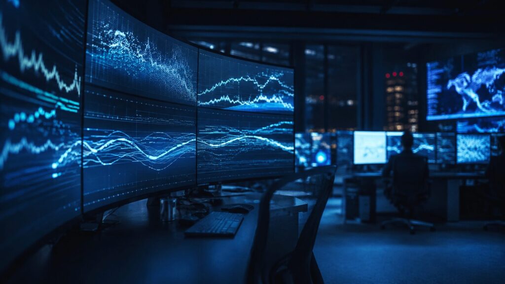 A moody, modern operations control room at night, multiple large curved monitors glow with abstract data visualisations, flowing line graphs, and soft grid patterns in deep blue and teal tones. The room is otherwise dark, lit only by the screen glow, creating a calm, focused, high-tech atmosphere.