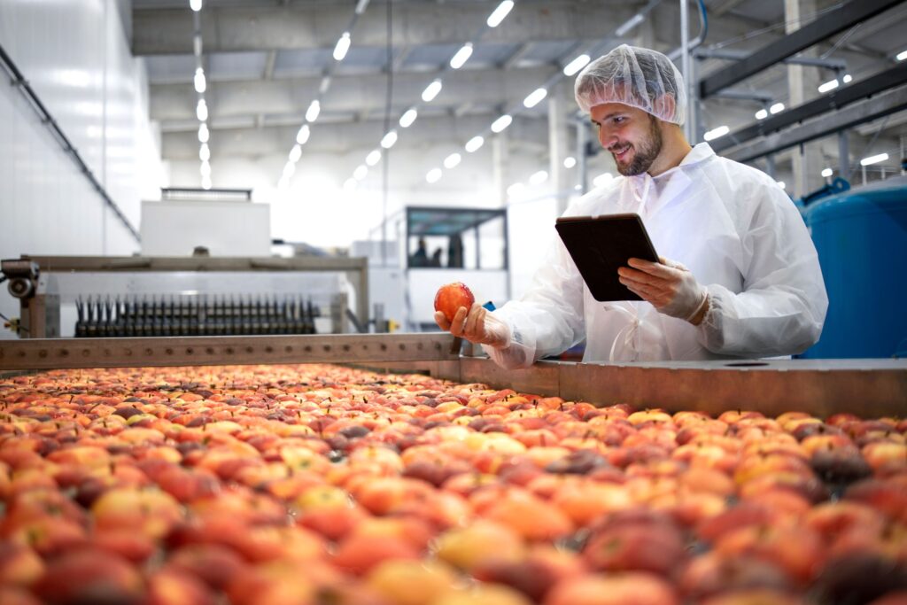 Technologist in food processing factory controlling process of apple fruit selection and production. Why circular agriculture is a data problem